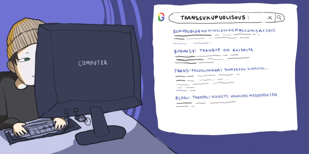 Kuvassa piirretty pipopäinen nuori lukee verkosta tietoa transsukupuolisuudesta.
